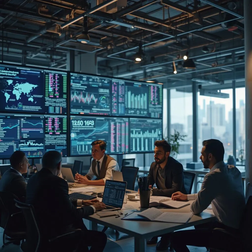 Equipo de analistas financieros trabajando en oficina moderna